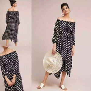 Anthropologie Maeve | Womens Black/White Polka Dot Gerty Off Shoulder Midi Dress